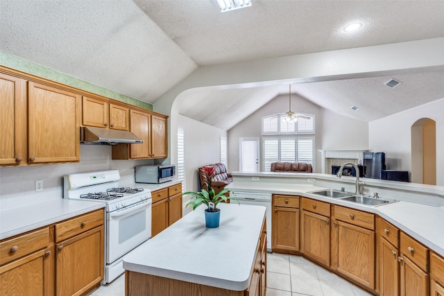 7012 Hillshire Ln, Sachse, TX 75048 - kitchen with white appliances, under cabinet range hood, vaulted ceiling, light countertops, and a textured ceiling