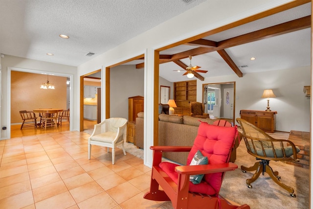 2815 Whisperwood Trl, Dalworthington Gardens, TX 76016 - living area featuring a chandelier, light tile patterned floors, beamed ceiling, recessed lighting, and ceiling fan
