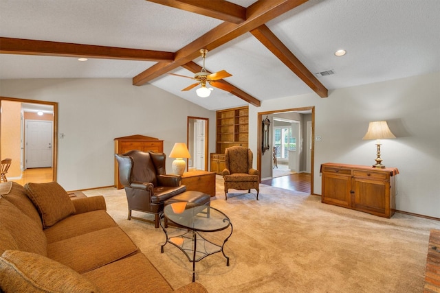 2815 Whisperwood Trl, Dalworthington Gardens, TX 76016 - living room featuring a ceiling fan, light colored carpet, light wood-type flooring, recessed lighting, and built in shelves