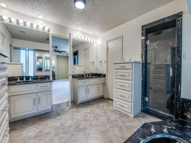 1425 Meyers Rd, Irving, TX 75060 - full bath with two vanities, a ceiling fan, a textured ceiling, a shower stall, and recessed lighting