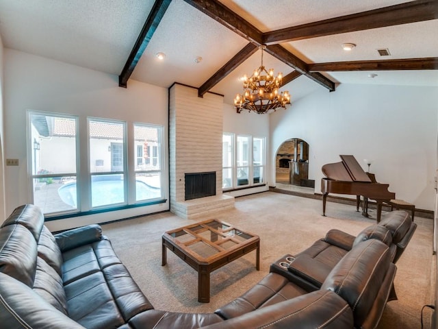 1425 Meyers Rd, Irving, TX 75060 - living area featuring light carpet, a chandelier, baseboard heating, a fireplace, and a textured ceiling