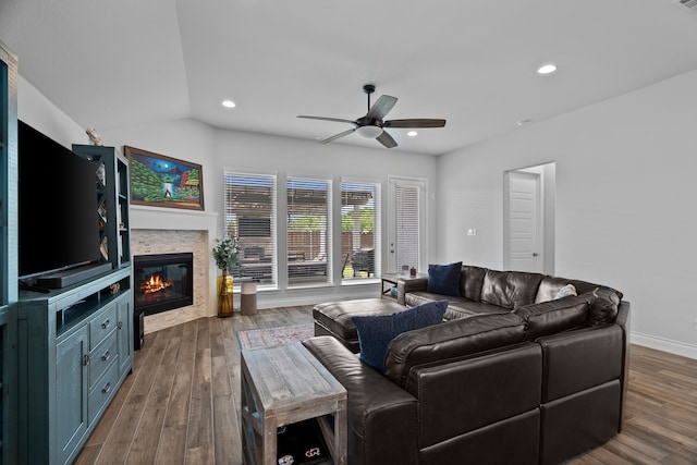 3700 Blue Stream Dr, Little Elm, TX 75068 - living area featuring ceiling fan, wood finished floors, a fireplace, and recessed lighting