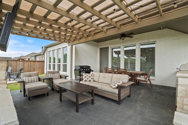 3700 Blue Stream Dr, Little Elm, TX 75068 - view of patio with area for grilling, an outdoor living space, a pergola, a ceiling fan, and outdoor dining space