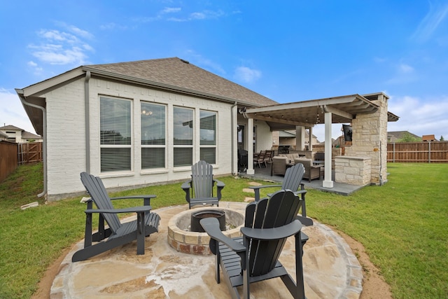 3700 Blue Stream Dr, Little Elm, TX 75068 - back of house featuring an outdoor fire pit, a patio area, a fenced backyard, roof with shingles, and a bar