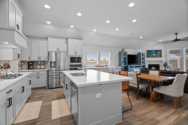 3700 Blue Stream Dr, Little Elm, TX 75068 - kitchen featuring stainless steel appliances, a warm lit fireplace, open floor plan, decorative backsplash, and a ceiling fan
