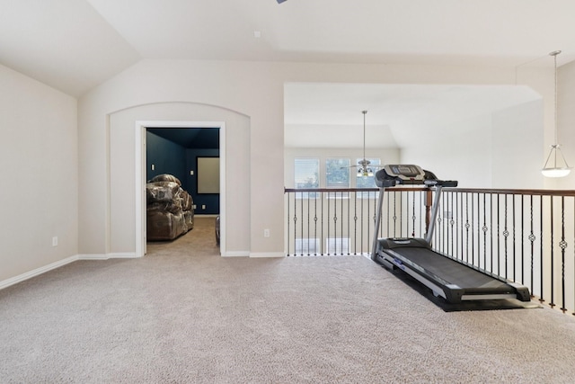 1009 Chickasaw Dr, Carrollton, TX 75010 - workout area featuring carpet flooring, lofted ceiling, and ceiling fan