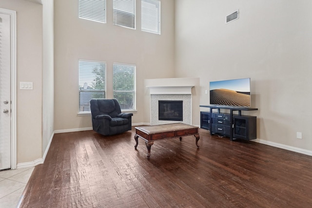 1009 Chickasaw Dr, Carrollton, TX 75010 - living room featuring wood finished floors, a glass covered fireplace, and a towering ceiling