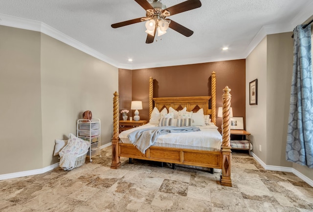 3252 Shady Glen Dr, Grapevine, TX 76051 - bedroom featuring crown molding, stone tile flooring, a textured ceiling, ceiling fan, and recessed lighting