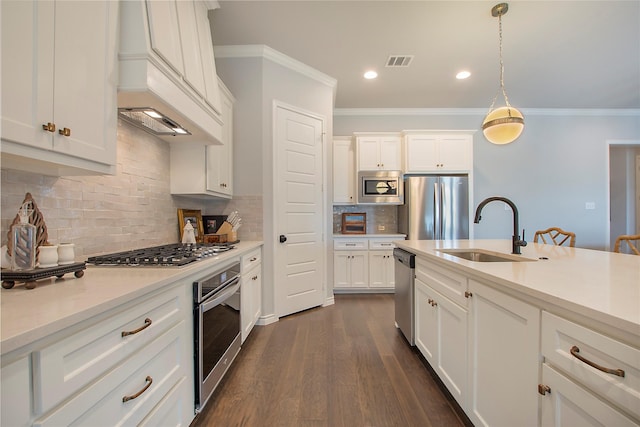 712 Tallgrass Dr, Aledo, TX 76008 - kitchen with appliances with stainless steel finishes, premium range hood, ornamental molding, light countertops, and decorative backsplash