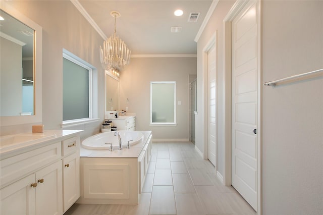 712 Tallgrass Dr, Aledo, TX 76008 - bathroom featuring a shower stall, two vanities, ornamental molding, a bath, and a chandelier