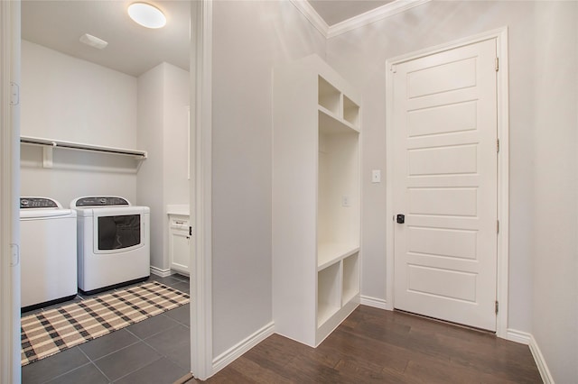 712 Tallgrass Dr, Aledo, TX 76008 - laundry area with separate washer and dryer, crown molding, and dark wood-style floors