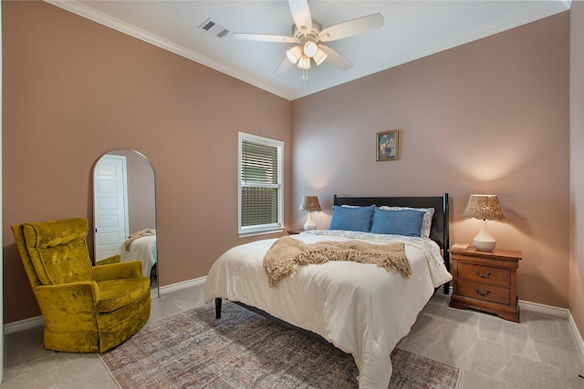 712 Tallgrass Dr, Aledo, TX 76008 - bedroom featuring carpet flooring, ornamental molding, arched walkways, and a ceiling fan