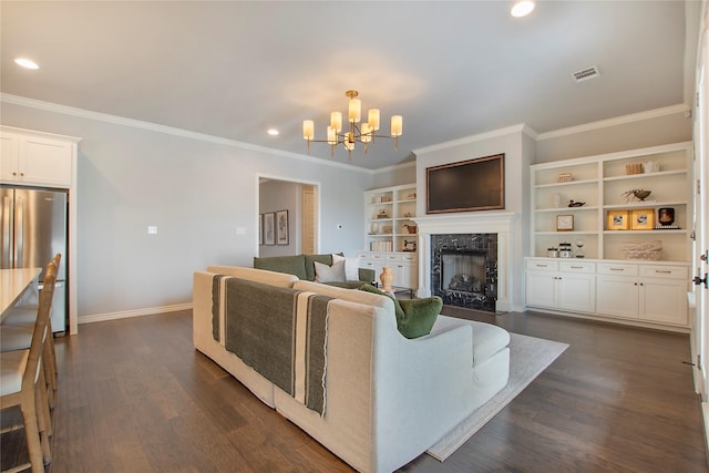 712 Tallgrass Dr, Aledo, TX 76008 - living area featuring a chandelier, ornamental molding, recessed lighting, a fireplace, and dark wood finished floors