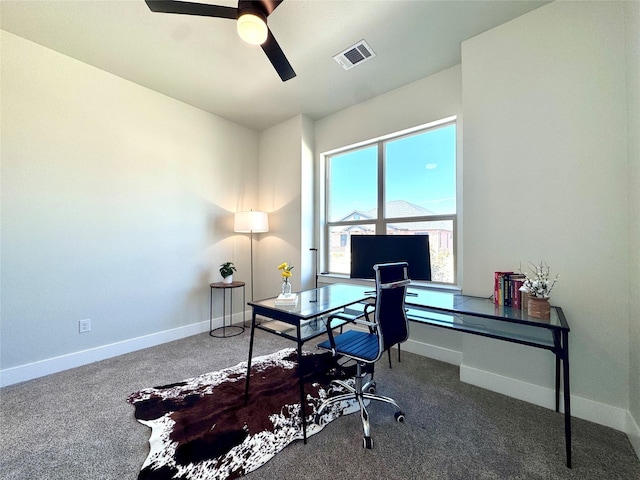 2402 Amesbury Dr, Midlothian, TX 76065 - carpeted home office featuring a ceiling fan and baseboards