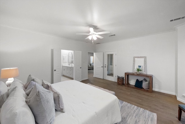 2800 Broadacres Ln, Dalworthington Gardens, TX 76016 - bedroom featuring crown molding, wood finished floors, ceiling fan, and connected bathroom