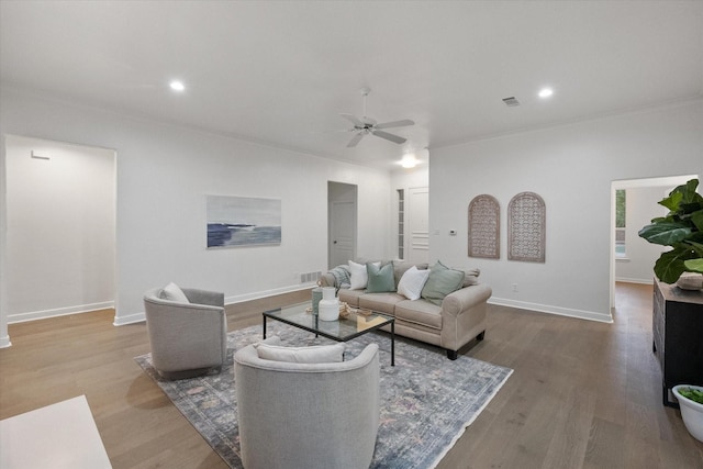 2800 Broadacres Ln, Dalworthington Gardens, TX 76016 - living room with ornamental molding, wood finished floors, a ceiling fan, and recessed lighting