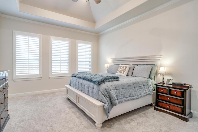 306 Creekview Ter, Aledo, TX 76008 - bedroom featuring light colored carpet, a tray ceiling, ornamental molding, and a ceiling fan