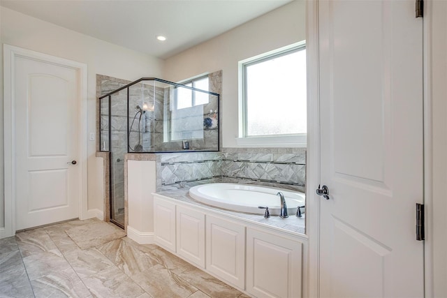 306 Creekview Ter, Aledo, TX 76008 - full bath featuring a garden tub, a shower stall, marble finish floors, and recessed lighting