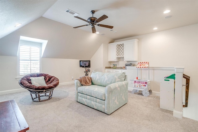 306 Creekview Ter, Aledo, TX 76008 - living area with light colored carpet, lofted ceiling, ceiling fan, and recessed lighting