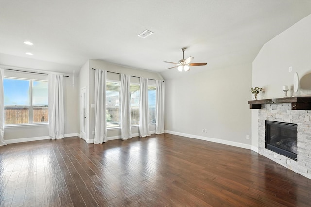 7508 Guadalupe Way, Mckinney, TX 75071 - unfurnished living room featuring ceiling fan, hardwood / wood-style floors, a fireplace, lofted ceiling, and recessed lighting