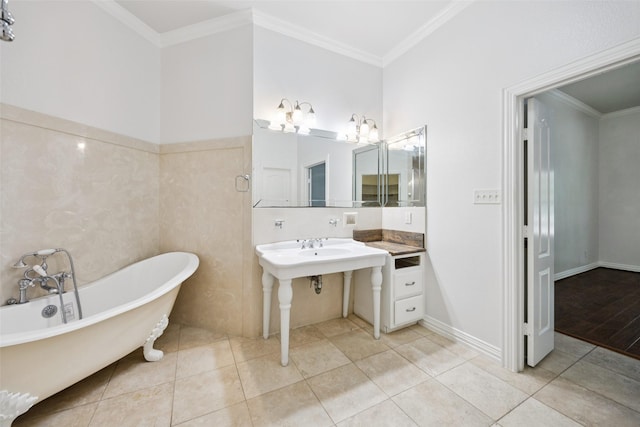 307 Ada St, Irving, TX 75061 - bathroom featuring a freestanding tub, tile patterned flooring, crown molding, and a chandelier