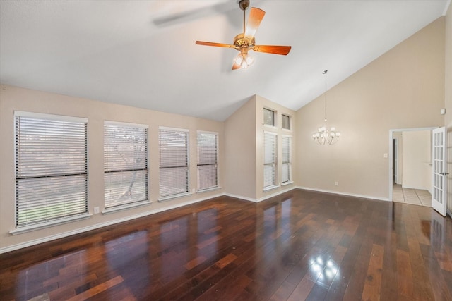 4056 La Costa Ct, Irving, TX 75038 - unfurnished living room with high vaulted ceiling, a chandelier, ceiling fan, wood-type flooring, and healthy amount of natural light