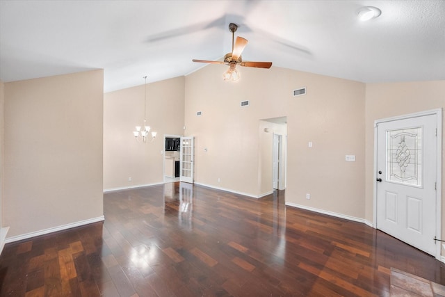 4056 La Costa Ct, Irving, TX 75038 - unfurnished living room featuring a chandelier, ceiling fan, wood finished floors, and high vaulted ceiling
