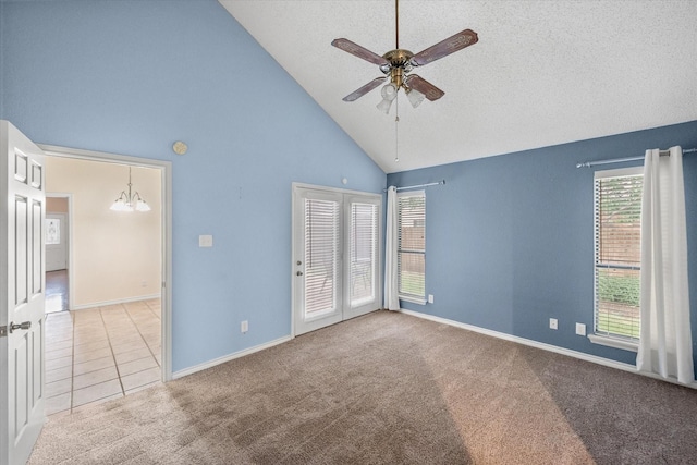 4056 La Costa Ct, Irving, TX 75038 - carpeted spare room with high vaulted ceiling, a ceiling fan, a chandelier, a textured ceiling, and tile patterned floors