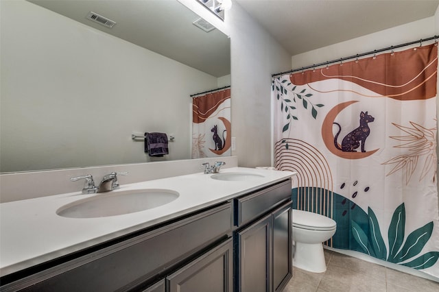 3133 Montserrat Creek Dr, Little Elm, TX 75068 - bathroom with tile patterned flooring, double vanity, and a shower with shower curtain