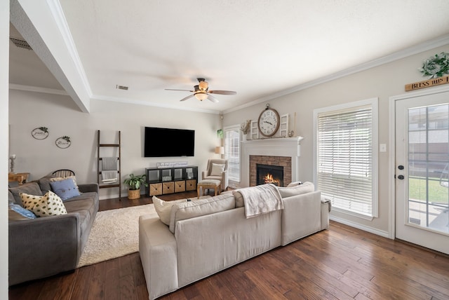 8571 Hidden Spring Dr, Frisco, TX 75034 - living area with a fireplace, crown molding, a ceiling fan, and dark wood-type flooring