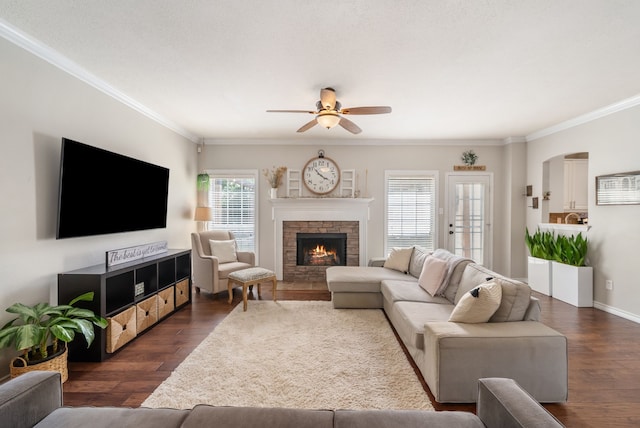 8571 Hidden Spring Dr, Frisco, TX 75034 - living room featuring a stone fireplace, crown molding, dark wood-type flooring, and ceiling fan
