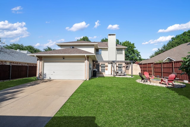 8571 Hidden Spring Dr, Frisco, TX 75034 - rear view of property featuring an outdoor fire pit, a chimney, driveway, brick siding, and an attached garage