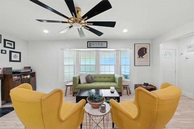 3056 Valley View Ln, Farmers Branch, TX 75234 - living area with a ceiling fan, light wood-style flooring, and recessed lighting