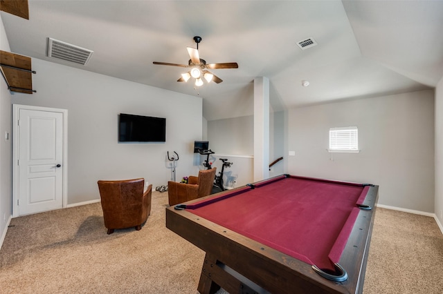 1116 Broken Wheel Trl, Aubrey, TX 76227 - rec room featuring carpet flooring, ceiling fan, billiards table, and lofted ceiling