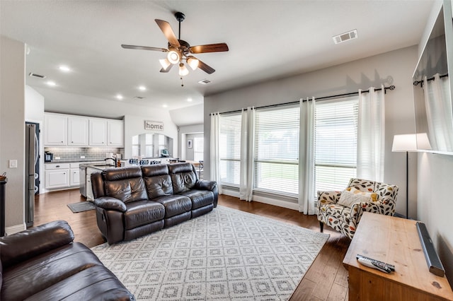 1116 Broken Wheel Trl, Aubrey, TX 76227 - living area featuring ceiling fan, wood finished floors, and recessed lighting
