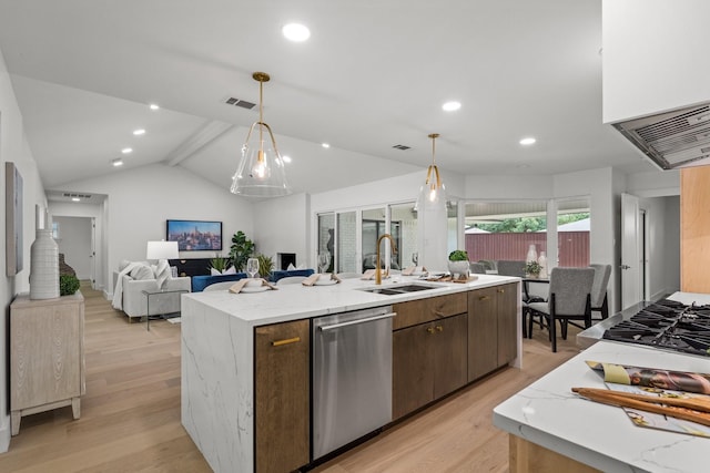 4408 Thunder Rd, Dallas, TX 75244 - kitchen with dishwasher, light wood-style flooring, a kitchen island with sink, open floor plan, and recessed lighting