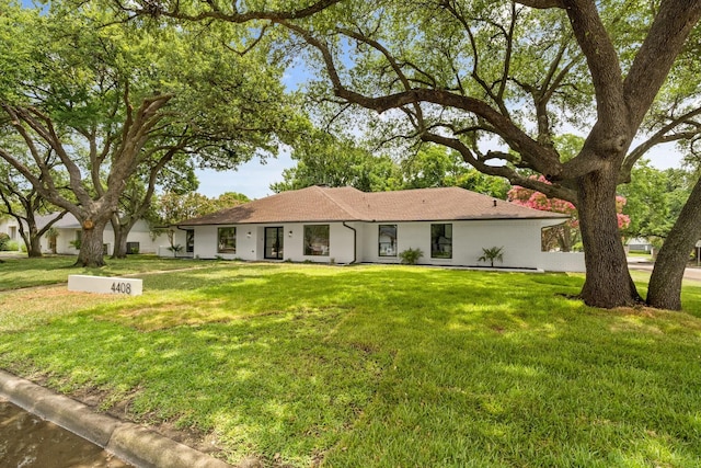 4408 Thunder Rd, Dallas, TX 75244 - ranch-style home with a front lawn, stucco siding, and roof with shingles
