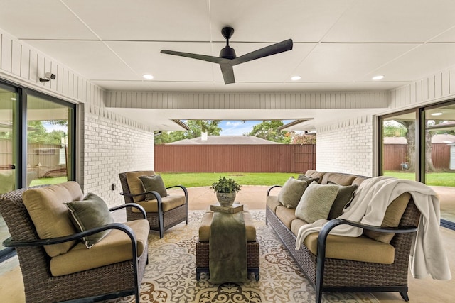 4408 Thunder Rd, Dallas, TX 75244 - fenced backyard with an outdoor living space and a ceiling fan