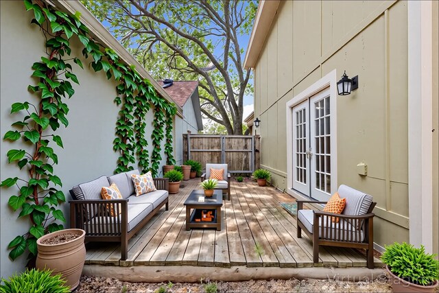 2210 Nantucket Village Cir, Dallas, TX 75227 - wooden terrace featuring french doors and an outdoor living space with a fire pit