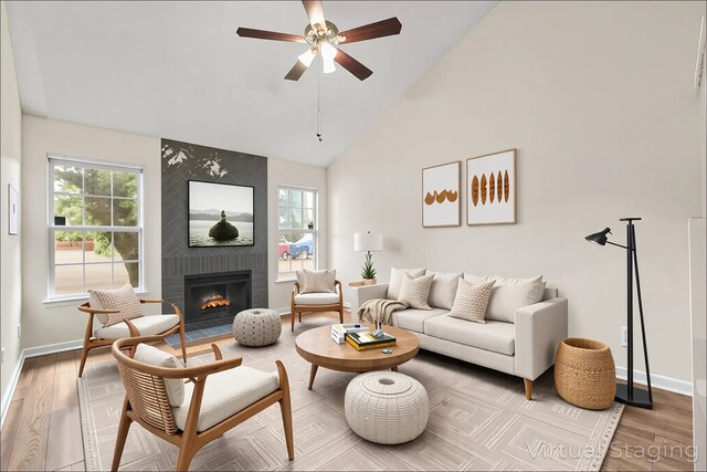 2210 Nantucket Village Cir, Dallas, TX 75227 - living area with a ceiling fan, a fireplace, wood finished floors, and high vaulted ceiling