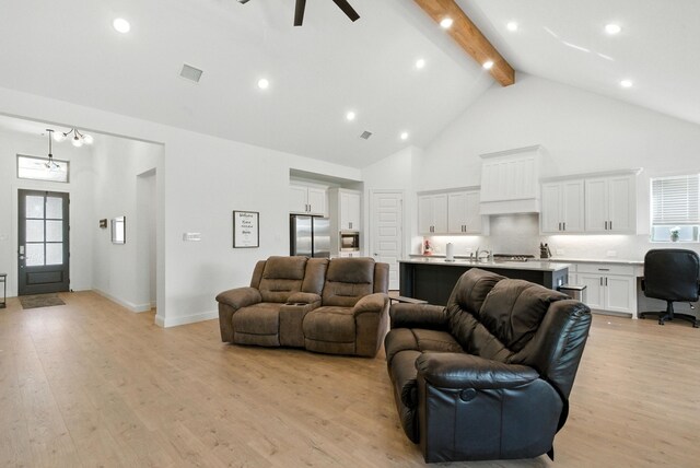 303 Highland Ct, Aledo, TX 76008 - living area featuring beamed ceiling, high vaulted ceiling, light wood-type flooring, ceiling fan, and recessed lighting