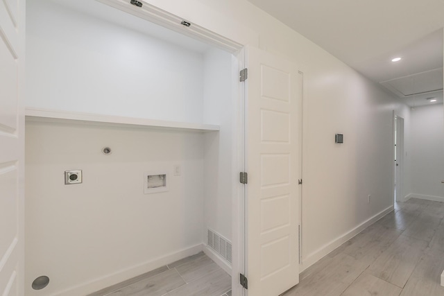 13516 Spring Grove Ave, Dallas, TX 75240 - laundry room featuring electric dryer hookup, attic access, washer hookup, light wood-type flooring, and recessed lighting
