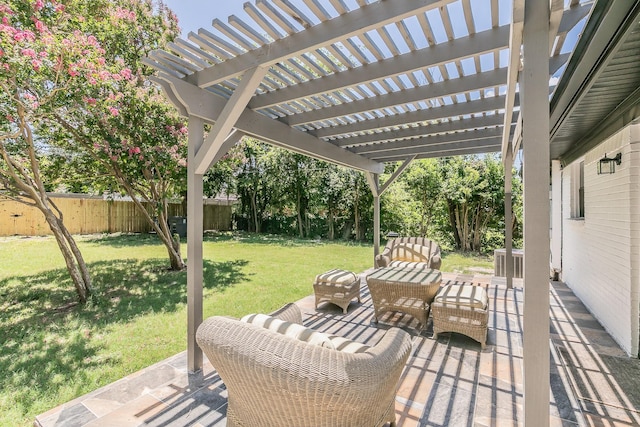 13516 Spring Grove Ave, Dallas, TX 75240 - fenced backyard featuring an outdoor hangout area, a pergola, and a patio