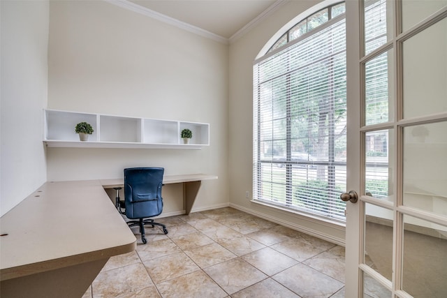 7611 Forest Ridge Trl, Sachse, TX 75048 - unfurnished office featuring ornamental molding, light tile patterned floors, and built in desk