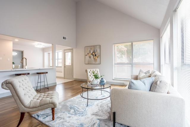 947 Aspen Dr, Desoto, TX 75115 - living area featuring high vaulted ceiling and wood finished floors