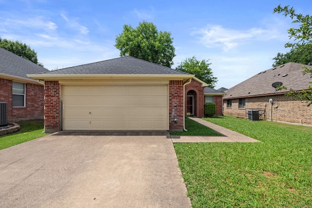 90 Elmwood Trl, Waxahachie, TX 75165 - ranch-style home featuring concrete driveway, an attached garage, a front yard, brick siding, and a shingled roof