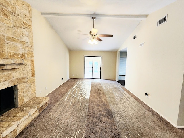 1408 Bandera Dr, Arlington, TX 76018 - unfurnished living room featuring carpet, a ceiling fan, and a stone fireplace