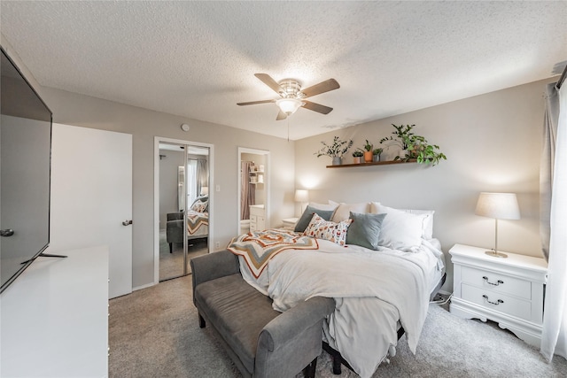 2416 Raintree Ct, Plano, TX 75074 - bedroom featuring light carpet, a textured ceiling, a ceiling fan, and ensuite bathroom