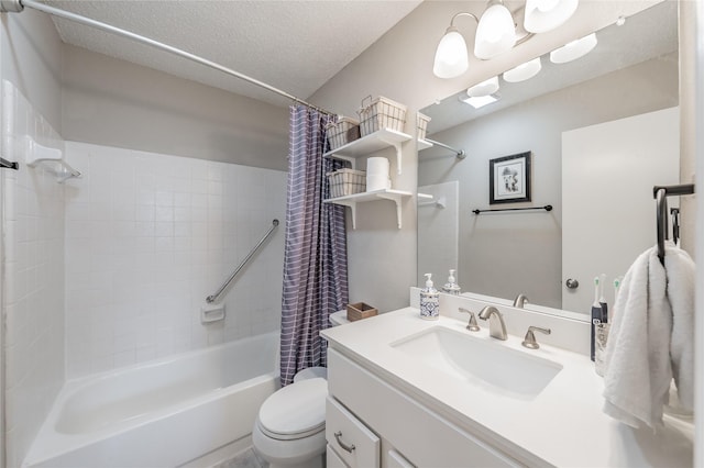 2416 Raintree Ct, Plano, TX 75074 - bathroom featuring shower / tub combo with curtain, vanity, and a textured ceiling