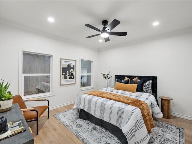 209 N Lakeview Dr, Lacy Lakeview, TX 76705 - bedroom with ornamental molding, light wood finished floors, recessed lighting, and a ceiling fan